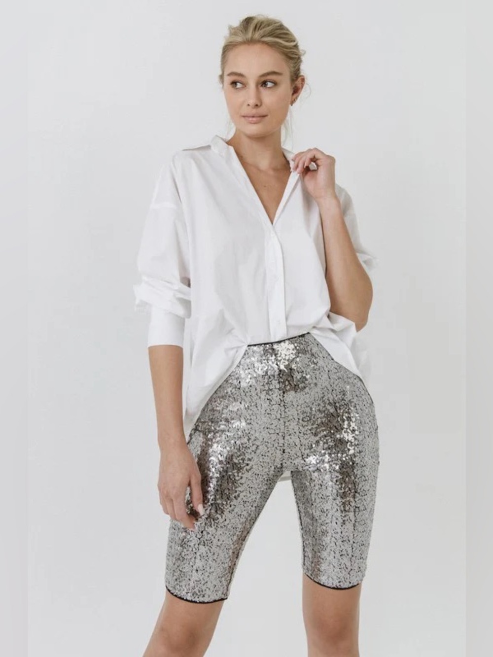 GREY LAB Silver Sequin Bike Shorts | Size M | Party Festival Shorts